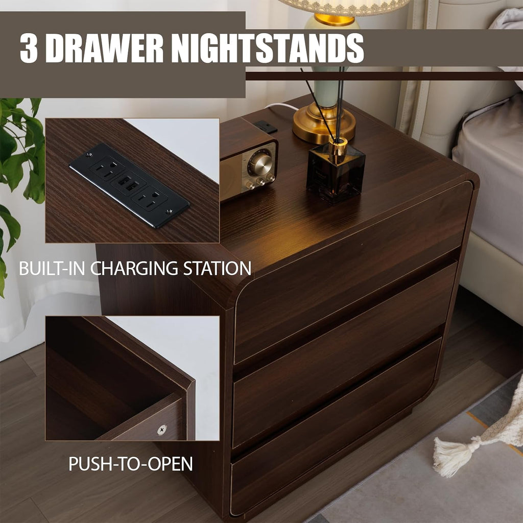 Modern Nightstand Set of 2 with Charging Station, Wood Bedside Table with 3 Drawers, Night Stands (Walnut)