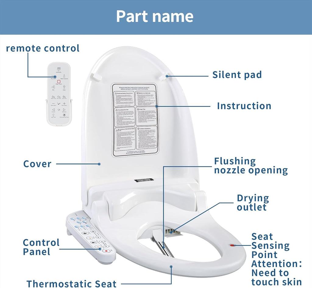 Elongated Electric Bidet Toilet Seat with Heated Seat, Adjustable Warm Water, Warm Air Dryer, Self-Cleaning Nozzle, Dual Control (Remote and Side Panel)