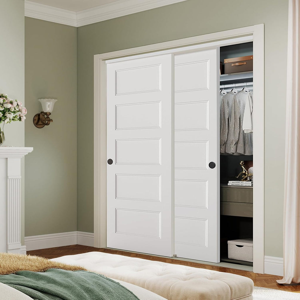 72x80 in 5-Panel Bypass Sliding Closet Door, White Primed Door Slab with Bypass Closet Track Hardwar