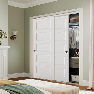 72x80 in 5-Panel Bypass Sliding Closet Door, White Primed Door Slab with Bypass Closet Track Hardwar