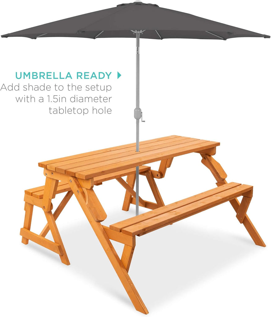 2-in-1 Transforming Interchangeable Outdoor Wooden Picnic Table Garden Bench for Backyard, Porch, Patio, Deck
