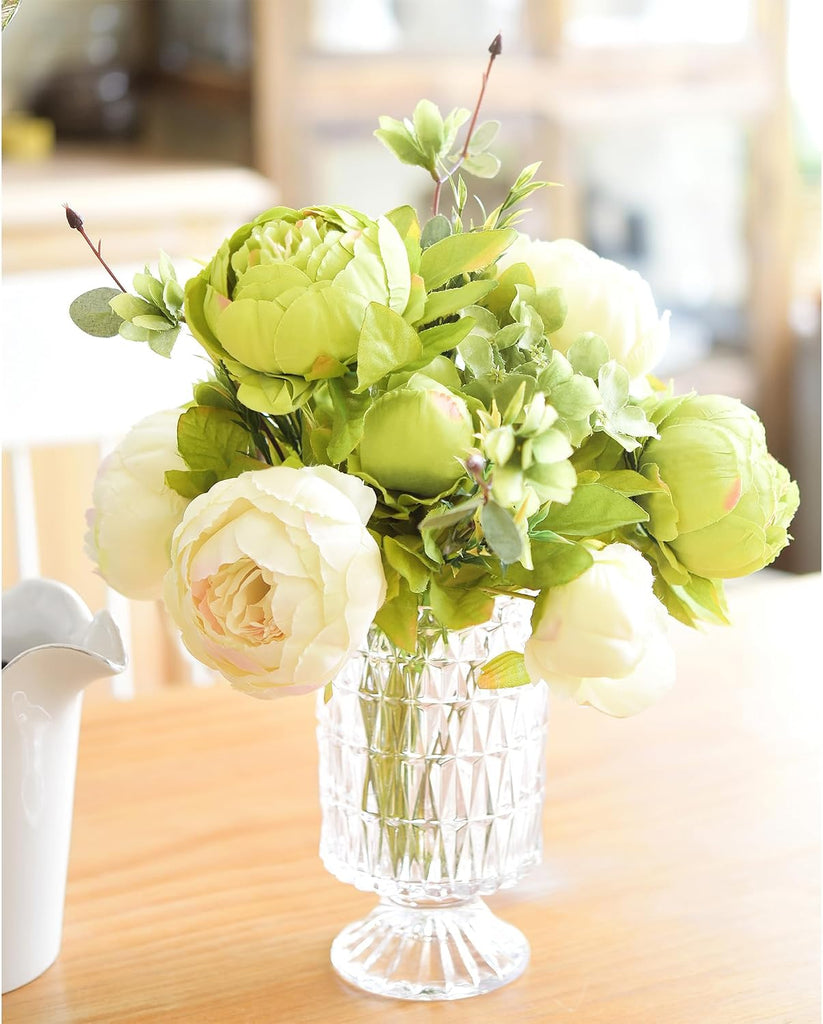Artificial Peony Bouquets, 2 Cream Beige & Moss Green Silk Flower Bundles for Wedding Centerpieces & Home Decor