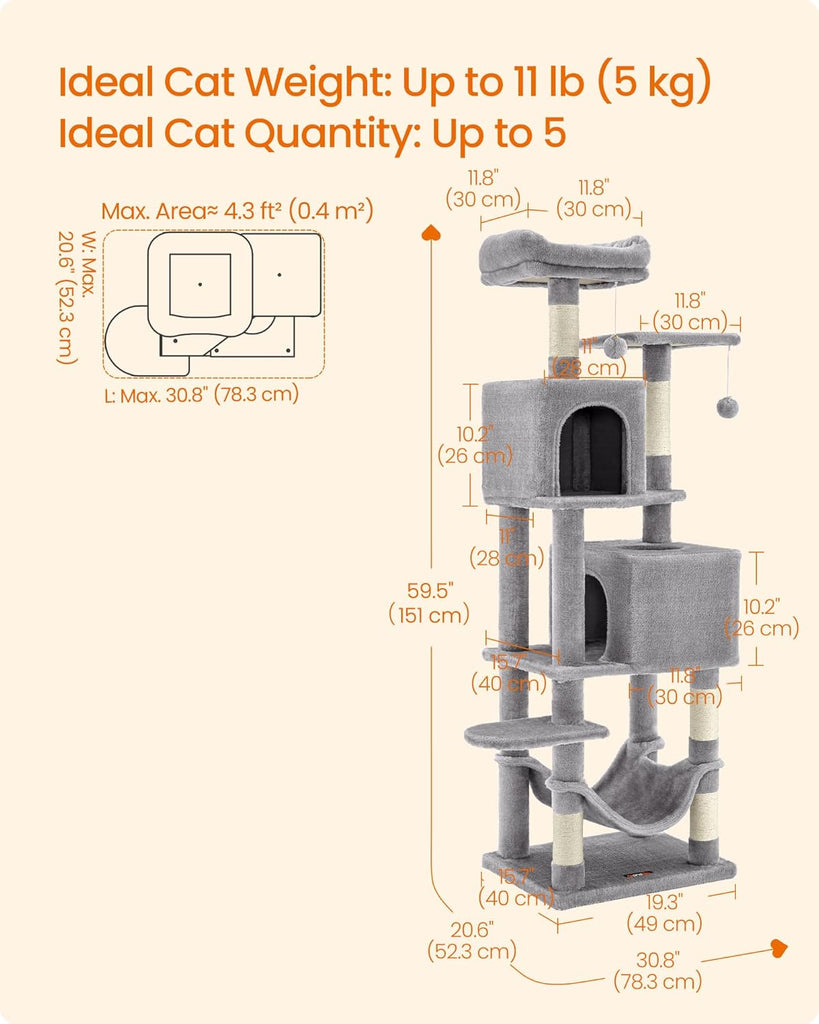 Cat Tree, 59.5-Inch Tall Cat Tower, Plush Multi-Level Condo with 5 Scratching Posts, 2 Perches, 2 Caves, Hammock