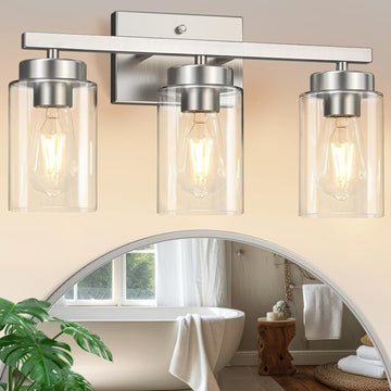 Modern Bathroom Light Fixtures, 3 Light Brushed Nickel Vanity Lights, Bathroom Lighting Fixtures Over Mirror with