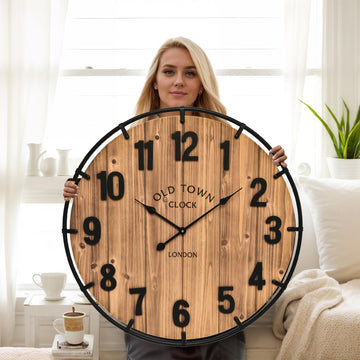 30 Inch Farmhouse Wall Clock Large Old Town Vintage Rustic Wooden Clock with Metal Rim and Large Numerals, Silent