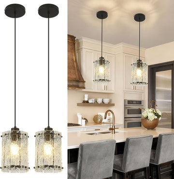 Black Pendant Lights Kitchen Island 2 Pack Modern Water Ripple Glass Pendant Lights Fixtures Round Adjustable Hanging