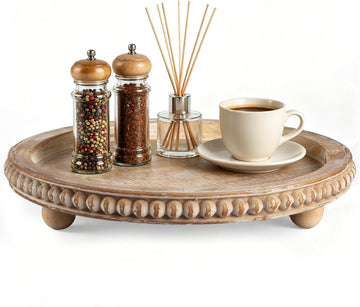 Round Decorative Tray for Coffee Table, Natural Wood Beaded Tray with Detachable Legs, 11.87" Farmhouse Rustic
