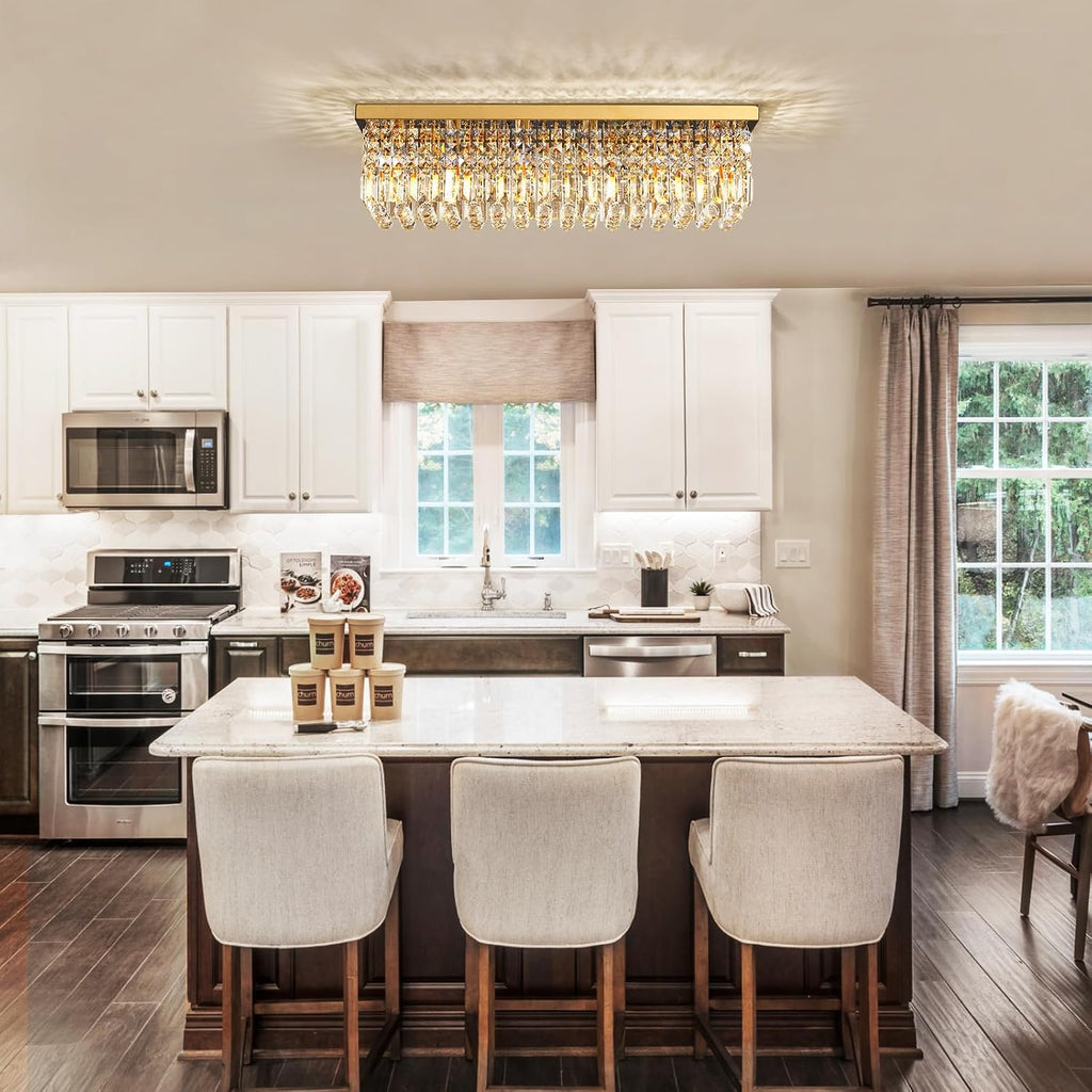 6-Light Modern Crystal Chandelier, Gold Rectangular K9 Crystal Raindrop Chandelier Flush Mount Ceiling Light Fixture