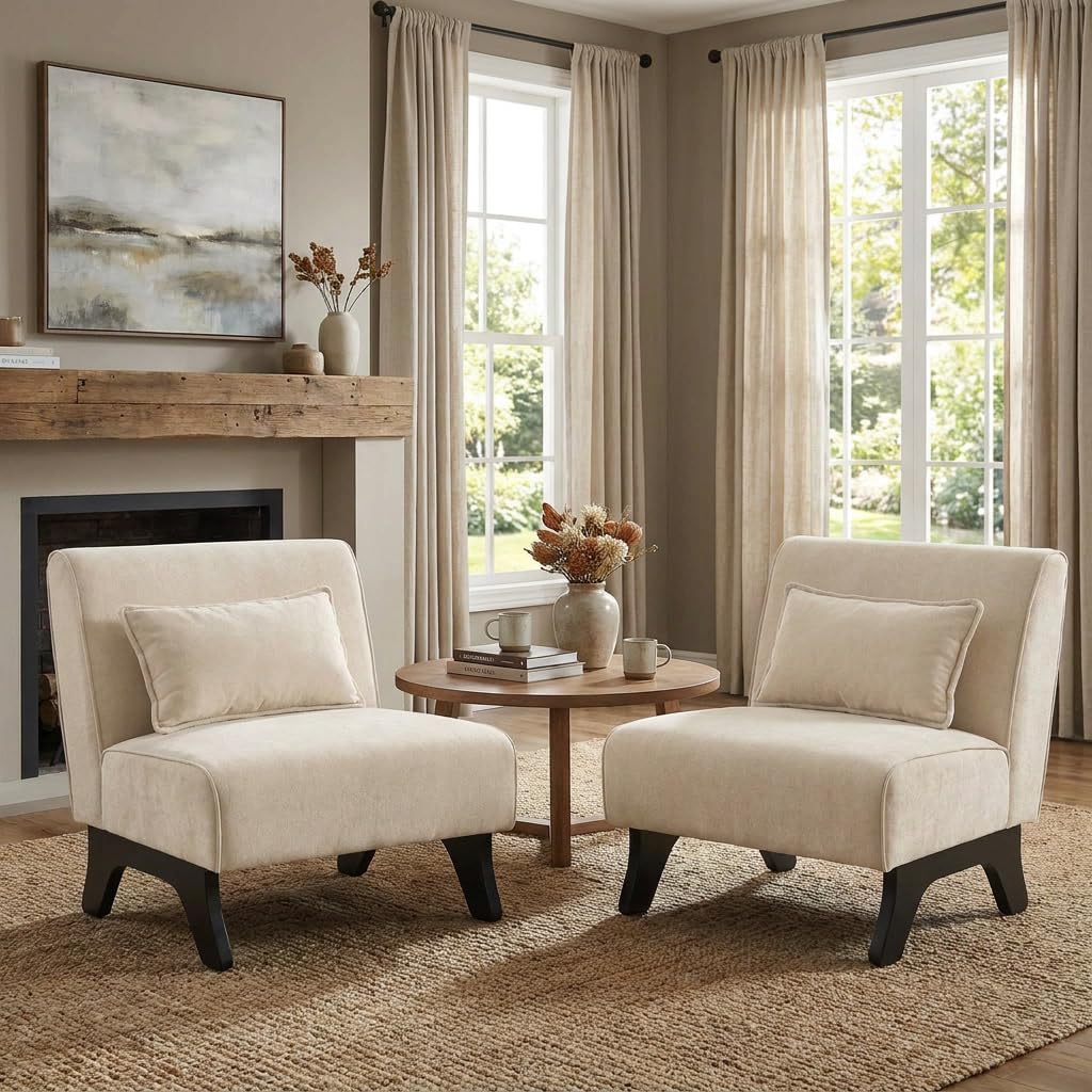 Armless Accent Chairs Set of 2 Upholstered Living Room Side Chairs | Comfy Small Accent Lounge Chair with Pillow