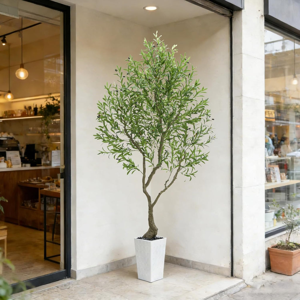 Olive Trees Artificial Indoor 8FT Tall Faux Olive Plants Silk Plant with White Planter, Artificial Plants Home Office