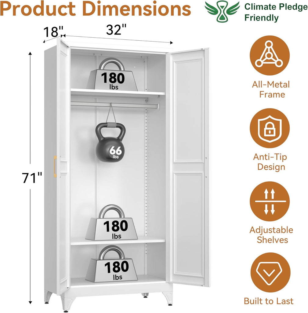 71" Metal Armoire Wardrobe Closet with Doors and Adjustable Shelves | Tall Freestanding Wardrobe Cabinet for Clothes