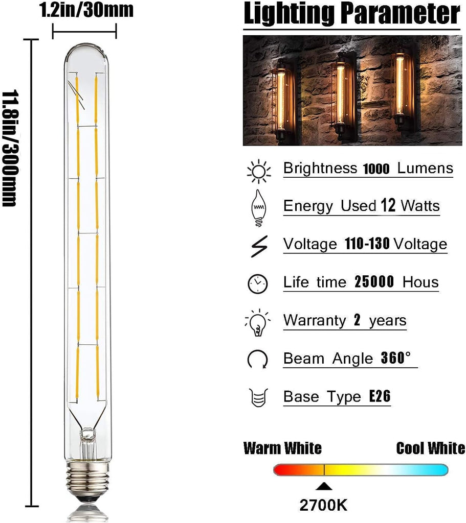 LED Tube Bulbs,T10 Tubular Edison Style LED Filament Bulb, 12W Dimmable Antique LED Bulb,E26 Base,Clear Glass,Warm (Pack Of 4)
