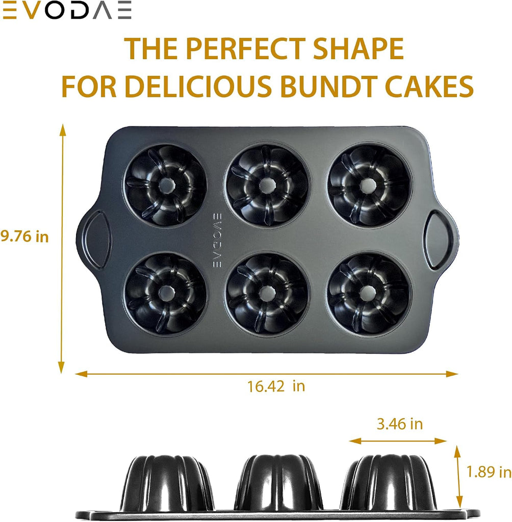 Mini Bundt Cake Pans for - Set of 2 - 6 Cups Each (12 Cups Total) - Nonstick Black Carbon Steel - Heavy-Duty & Built
