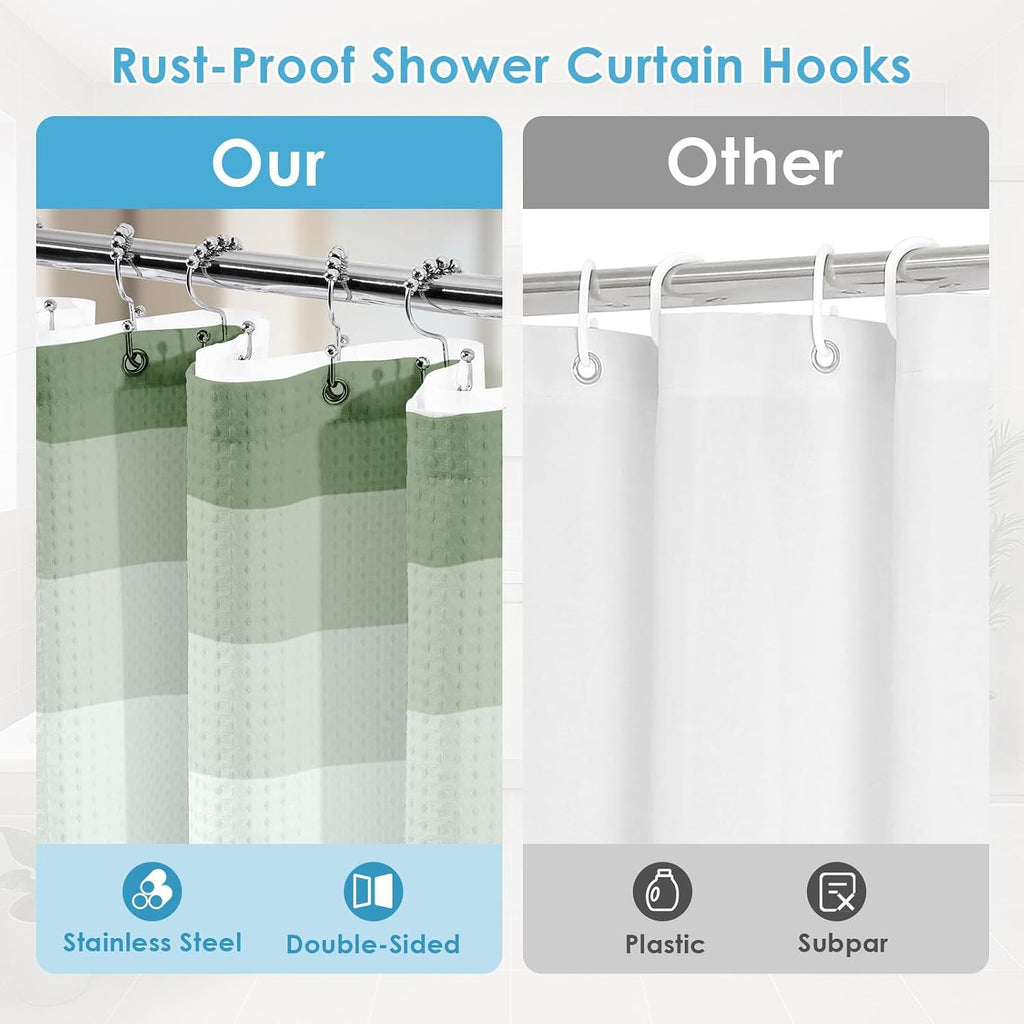 Scalloped Shower Curtain with PEVA Liner Set, Sage Green Striped Modern 3 in 1 Heavy Duty Waffle Weave Waterproof