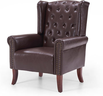 PU Leather Accent Chair Modern Wingback Armchair Club Sofa Chair High Back Living Room Chair , Lounge (Caramel)