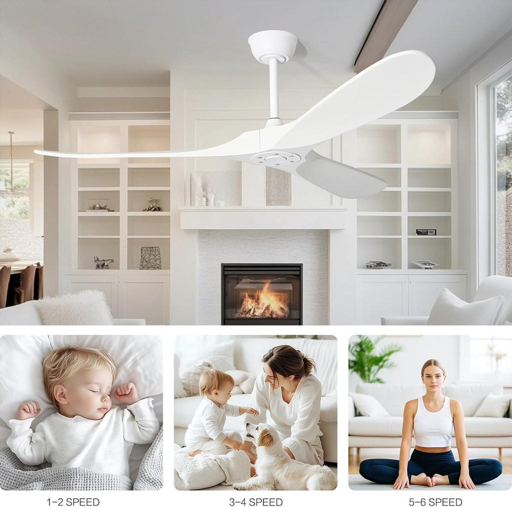 60 Inch White Ceiling Fan No Light，Indoor Outdoor 3 Blade Wood Ceiling Fans Without Lights for Patios Bedroom Living