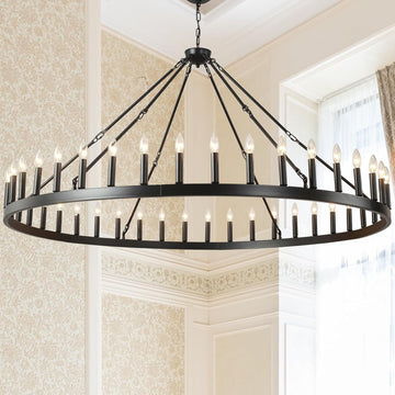 Inspired Camino Style Chandelier - 64 Inch Extra Large Black Wagon Wheel Chandelier 42-Light Farmhouse Wagon Wheel Chandeliers Round Industrial Ceiling Light fixtures for Outdoor Porch high Ceilings Living Dining Room Foyer Entryway