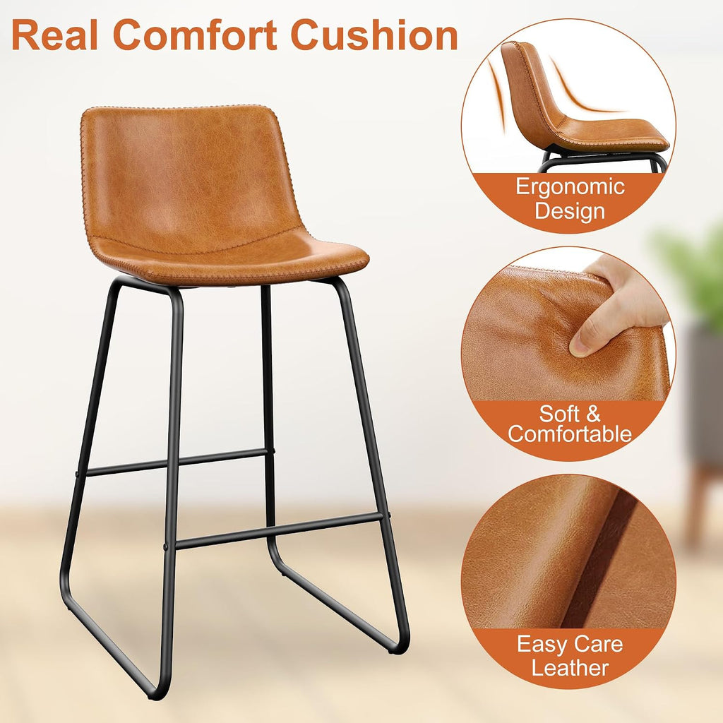 Bar Stools Set of 4, PU Leather Counter Height Bar Stools, 26" Modern Barstools with Metal Legs and Footrest, Urban