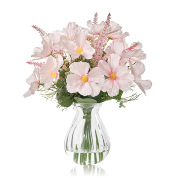 Cosmos Silk Flowers, 4.5"x13" Artificial Wild Flower with Fake Water in Glass Vase, Artificial Fake Flowers for