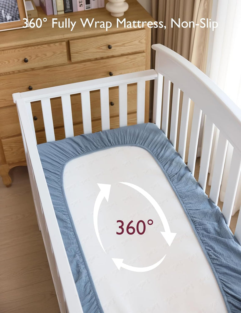 Crib Sheets 52"x28", 2 Pack Muslin Crib Sheets for Baby Nursery | Soft Breathable Cotton Crib Sheets Girl Boys, 360°