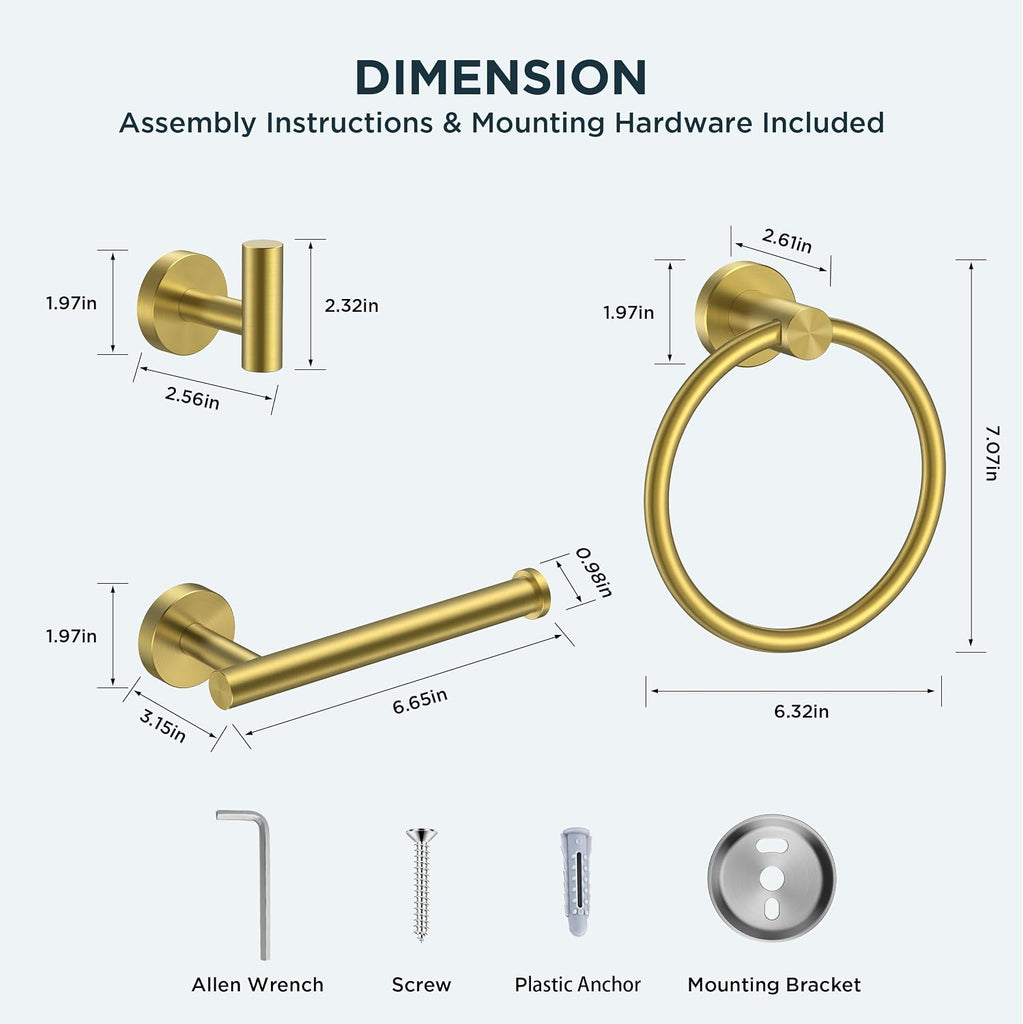 Bathroom Accessories Set, 4-Piece Bathroom Hardware Set | Brushed Gold | SUS304 Stainless Steel Towel Ring, 2 Towel