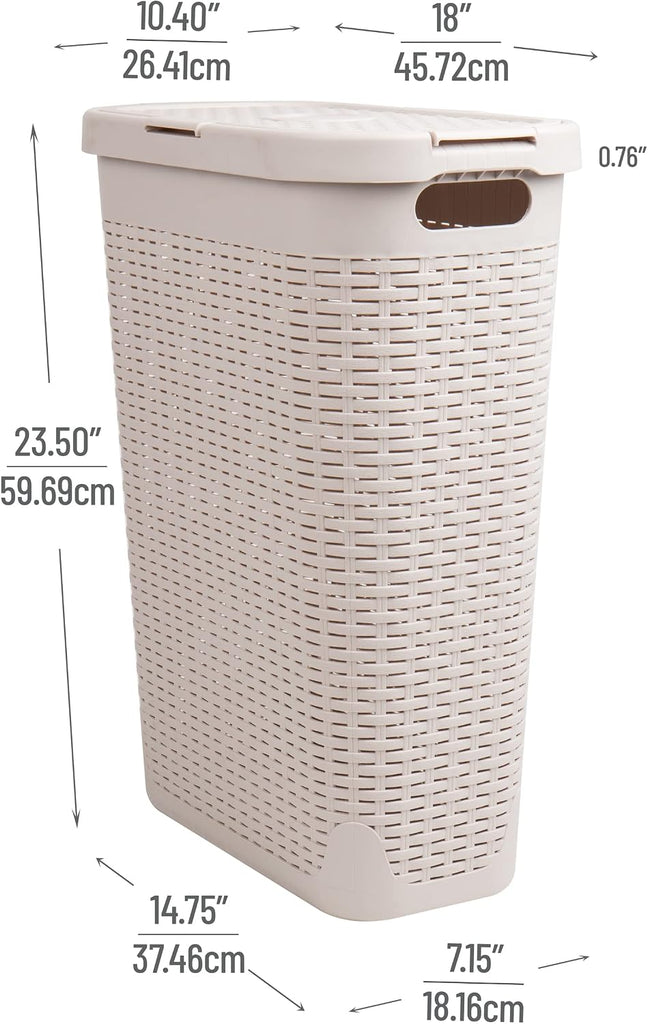 Slim Laundry Hamper with Lid, 40L Clothes Basket, Narrow Tapered Design with Ventilated Cutout Pattern, Plastic, Ivory