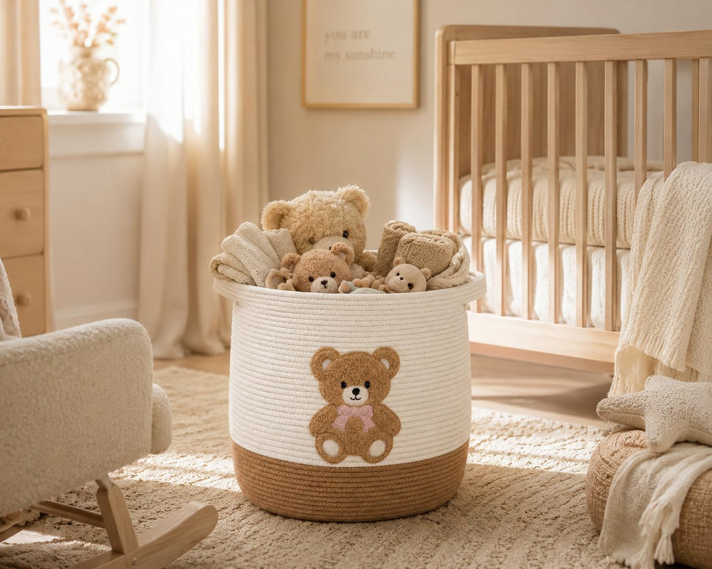 Teddy Bear Nursery Basket, Cotton Rope Baby Laundry Hamper with Handles