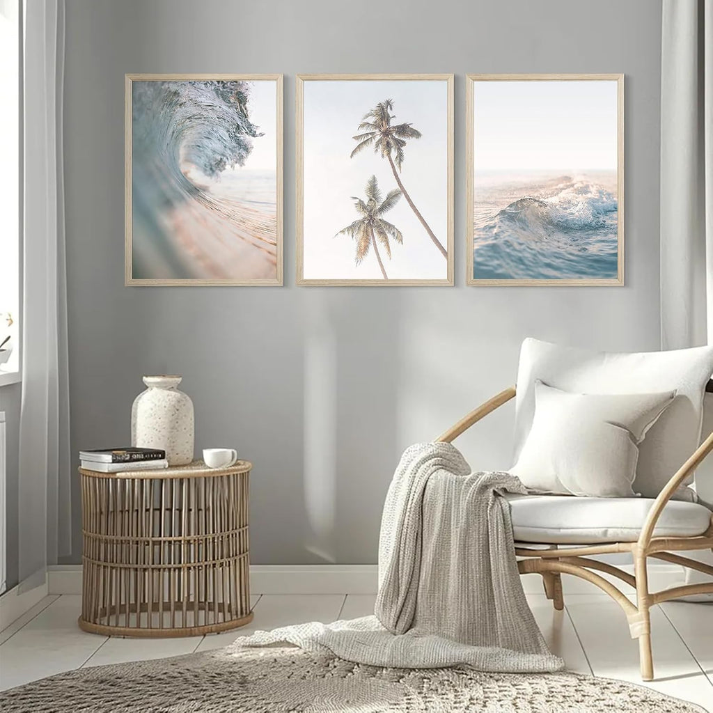 Beach Wall Art Decor Coastal Ocean Poster Palm Tree Canvas Wall Decor Beachy Room Aesthetic Pictures Blue Waves