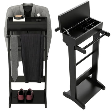 Suit Valet Stand for Men, Black Wooden Mens Valet Stand with Tray
