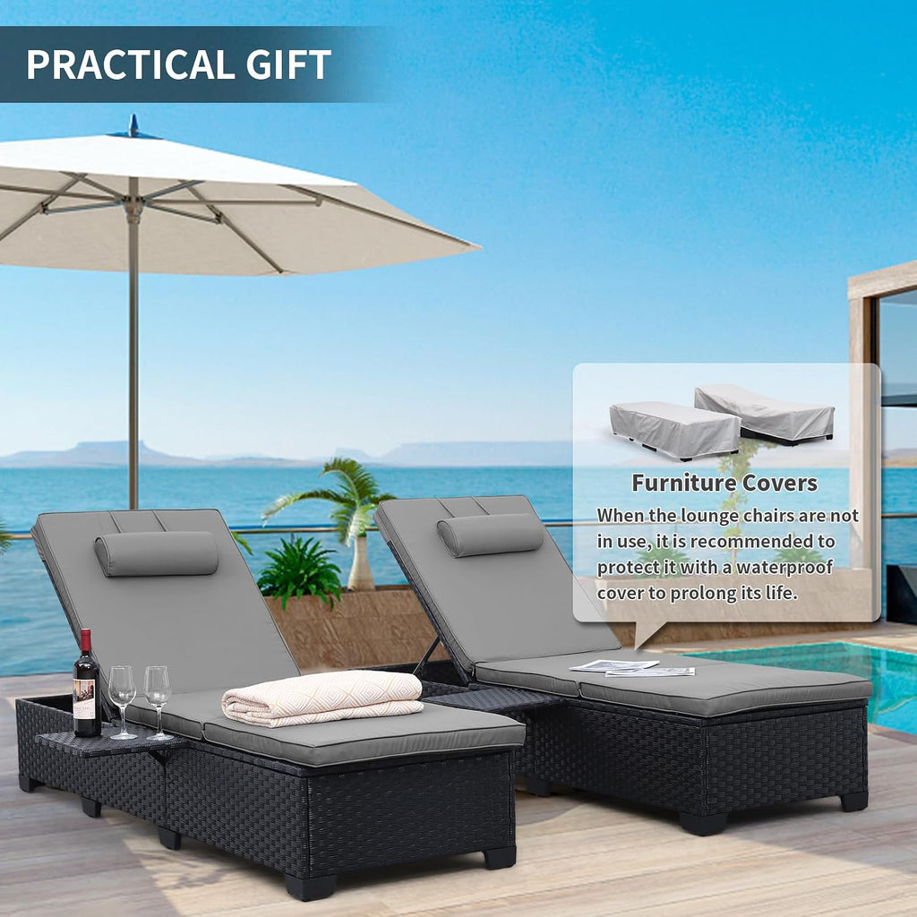 Outdoor Chaise Lounge Chairs for Outside Patio Furniture Set of 2 Wicker Recliner Black Rattan Sunbathing Lounger