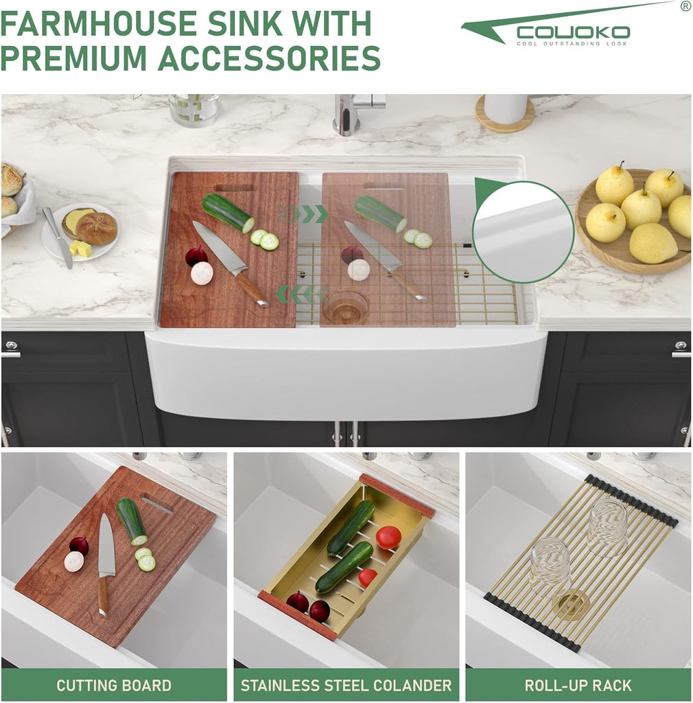 33 Inch White Farmhouse Sink Workstation - White Curved Apron Front Fireclay Farm Sink Large Deep Ceramic Single Bowl