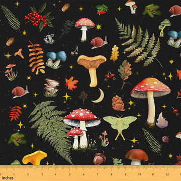 Mushroom Fabric by The Yard Cartoon Butterfly Moth Botanical Leaves DIY Craft Glitter Stars Dreamy Rustic Style