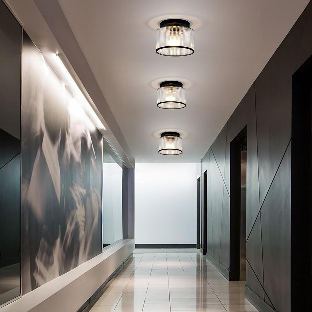 Glass Ceiling Light, Clear Ribbed Glass Ceiling Light Fixture with Black Metal Frame, Modern Semi Flush Mount Ceiling