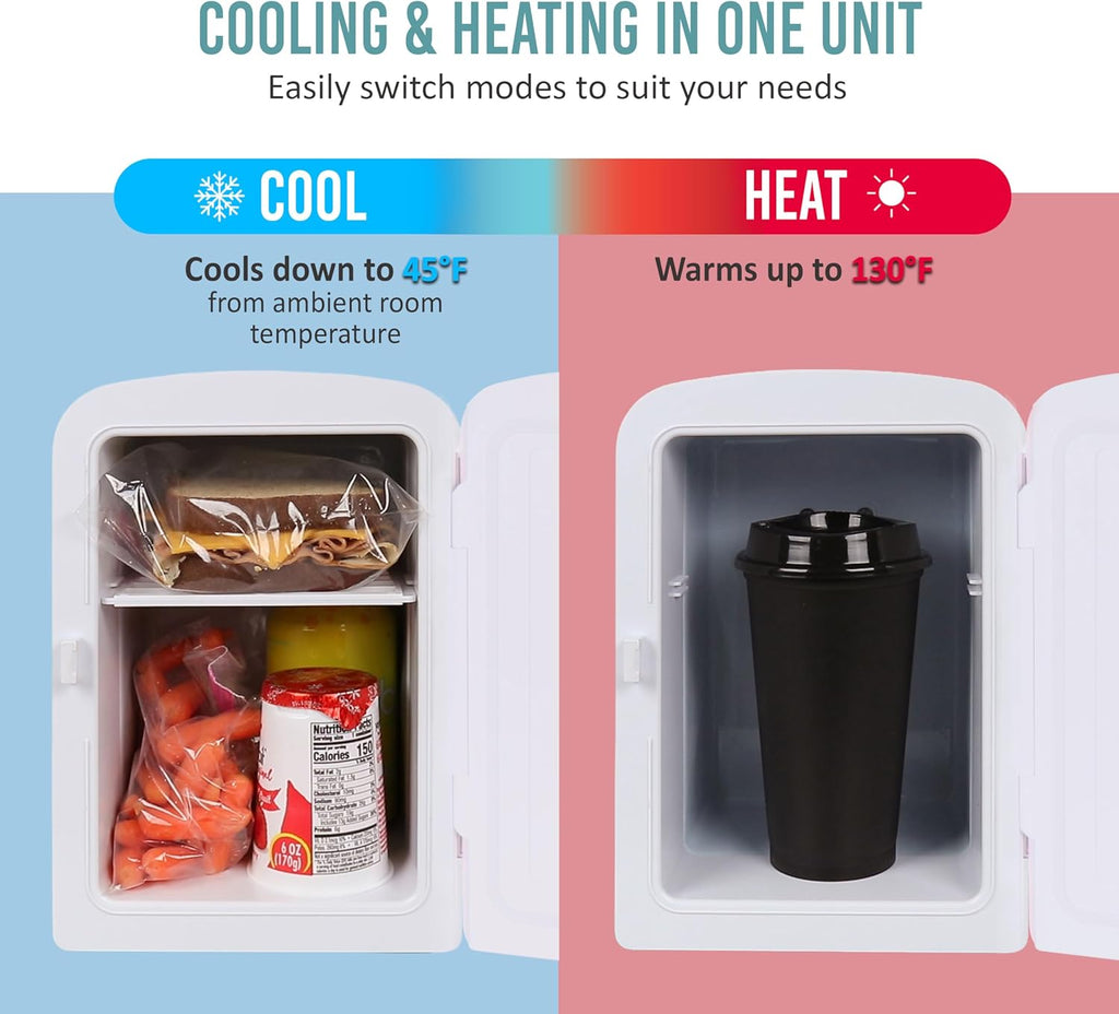 Retro Mini Fridge and Heater - 6-Can Capacity, 12-Volt Power Adapter, Carry Handle and Display Window - Perfect for