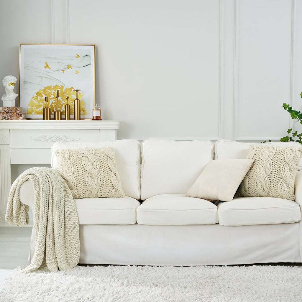 Chunky Cable Knit Throw Blanket Lightweight Cream 100% Organic Cotton Blanket for Sofa Couch Bed Baby Nursery, Rustic