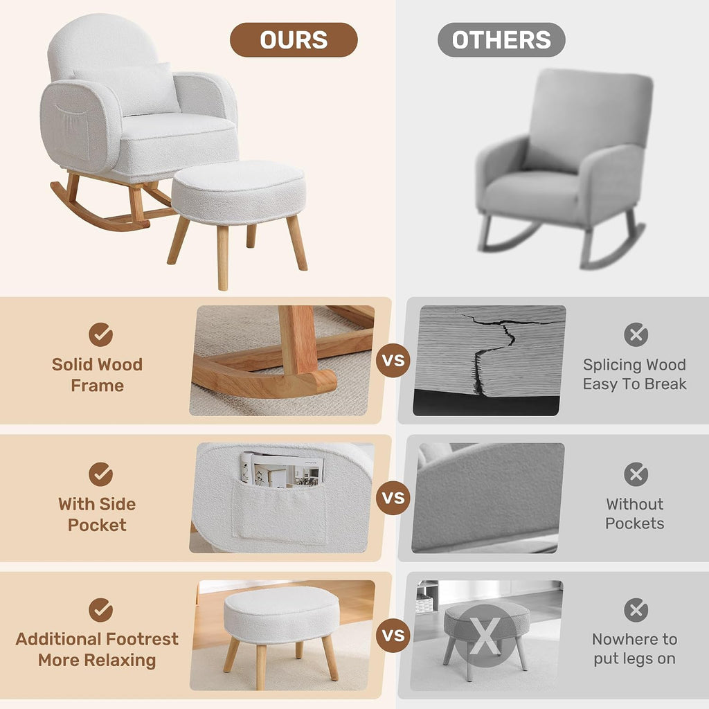 Rocking Chair Nursery with Ottoman Footrest, Upholstered Glider Rocker with High Backrest and Side Pocket, Rocking