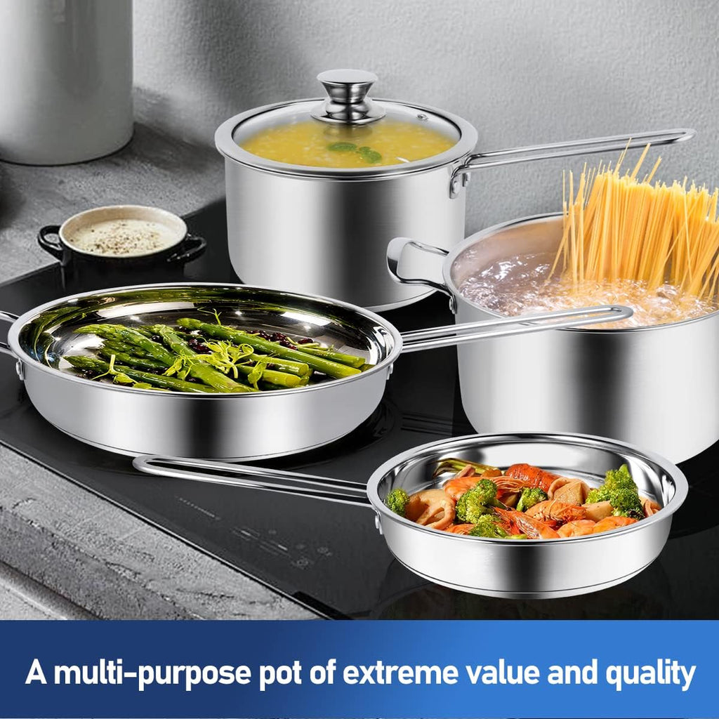 10-Piece Pots and Pans Set, Stainless Steel Cookware Set- Includes Ergonomic Handle Saucepans, Skillets, Dutch Oven