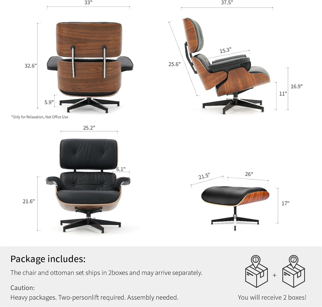 Mid-Century Modern Lounge Chair & Ottoman — Black Bonded Grain Leather, Walnut Base, Wide Tall Back