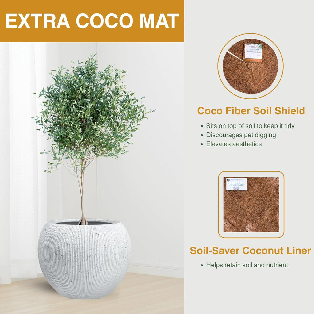 16" H x 20" D Premium Globo Fiberstone Planter - Speckled White | 13.5" Pot Opening, Ribbed, Included 2 Extra Coco