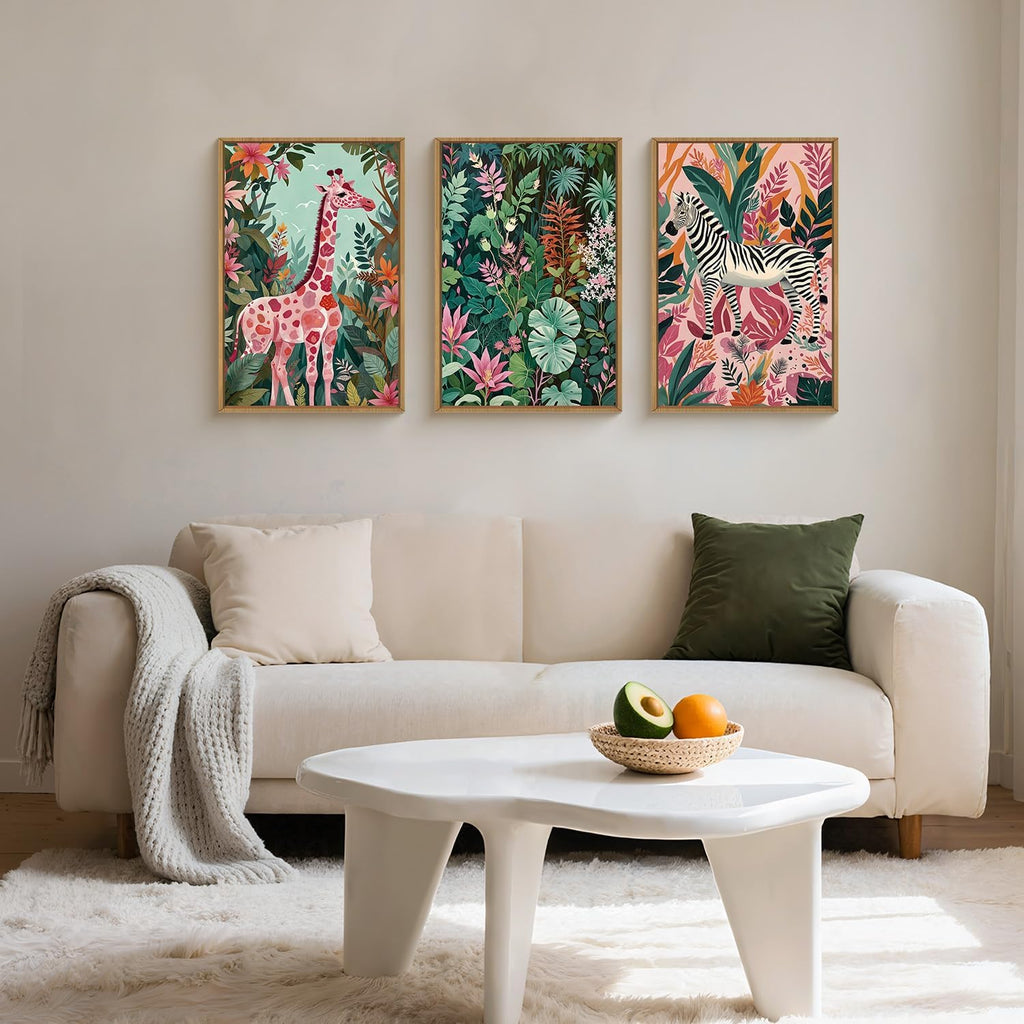 Spring Boho Sage Green Pink Giraffe Zebra Jungle Framed Canvas Wall Art Set,Natural Safari Tropical Wildlife Wall