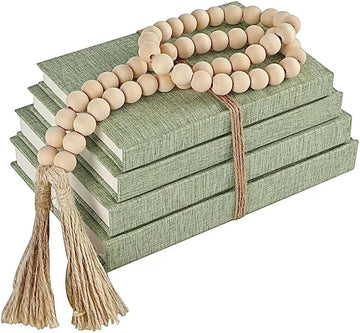 Linen Decorative Books with Wood Beaded Tassel, 4-Piece Sage Set | Coffee Table Books, Neutral Linen Decor, Rustic