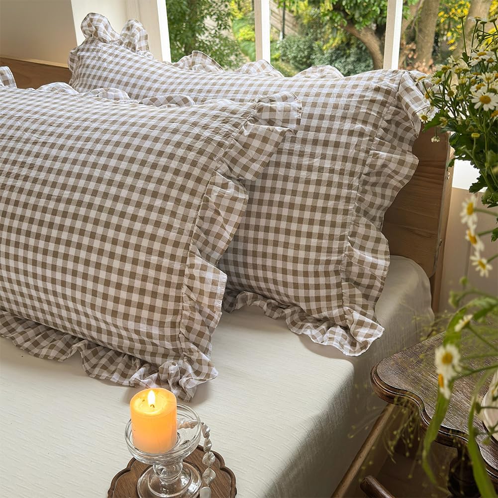 Tan Gingham Ruffle Sheet Set, Taupe Soft Pre-Washed Microfiber Plaid Bed Sheets, 4-Pieces Farmhouse Sheet