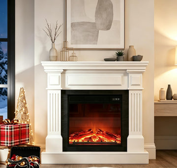 35" White Electric Fireplace with Mantel, TV Stand, with 18" Fireplace Heater
