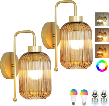 Vintage Gold Wireless Wall Sconces Battery Operated, Rechargeable Wall Lights Set of 2 with Amber Stripe Glass Shade