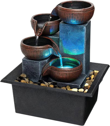 Small Indoor Relaxation Tabletop Fountain, Zen Meditation Waterfall Feature with Color LED Light & Natural Rocks, 4