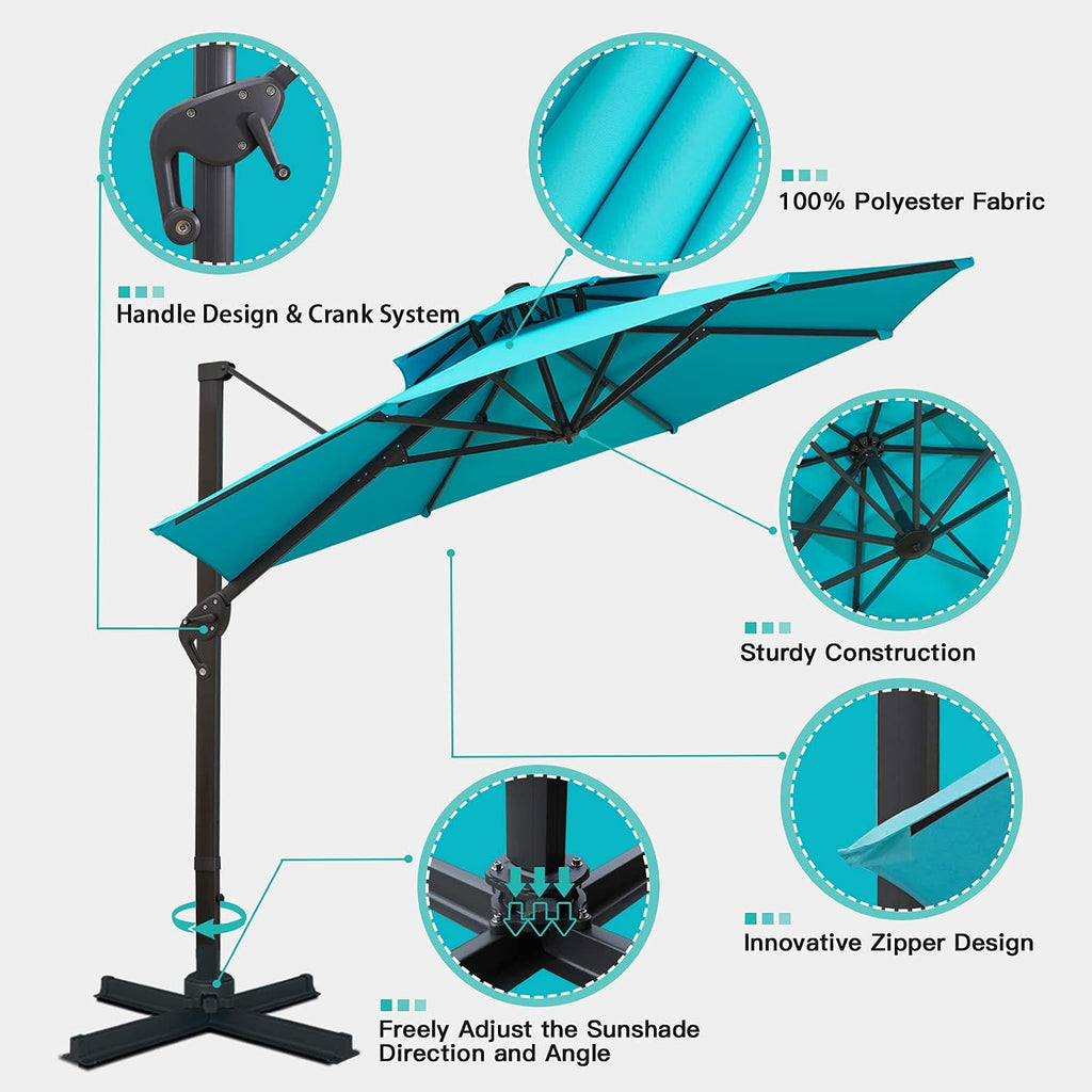 11FT Double Top Cantilever Patio Umbrella Deluxe Offset Umbrella 360° Rotation & Integrated Tilting System Heavy Duty