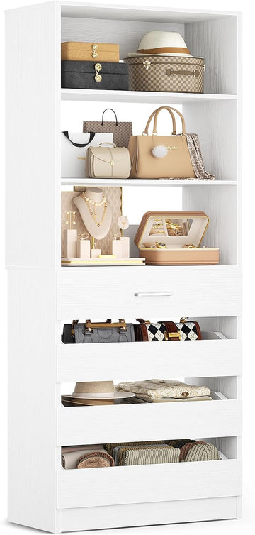 21.3" Closet System with 4 Drawers, Wood Closet Organizer with Open Shelves, Modular Drawers System Tower, Walk-in