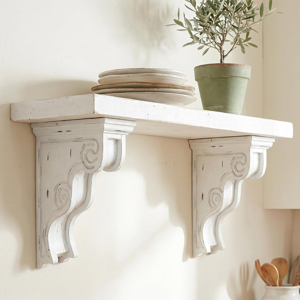 Set of 2 Decorative Shelf Brackets, Wall Mounted Wood Corbels | 7.28 x 4.13 x 11.22 inch Rustic Floating Shelf