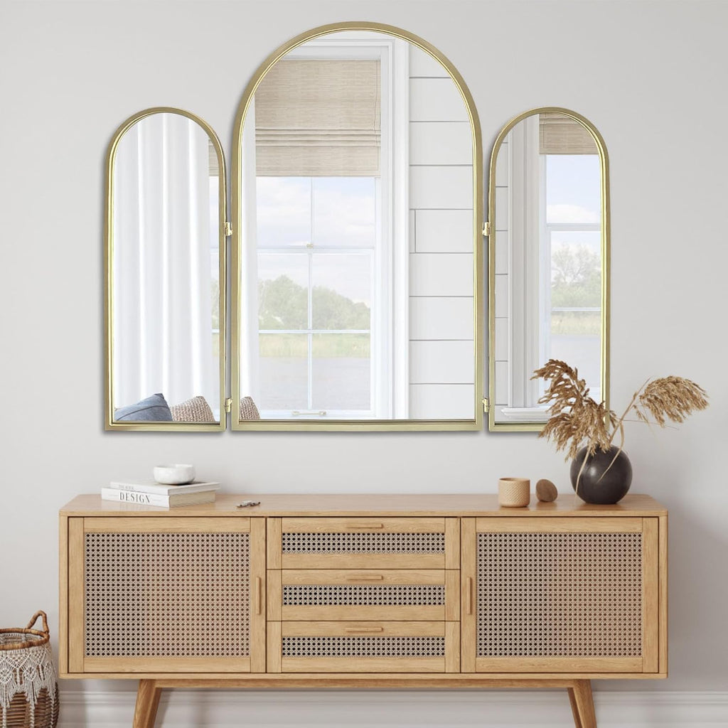 Trifold Vanity Mirrors 3 Way, 30 x 37in Adjustable Vanity Mirrors , Champaign Golden Arch Mirrors Wall Mounted
