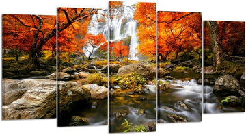 Autumn Forest Waterfalls 5 Piece Modern Wrapped Giclee Canvas Prints Artwork Landscape Tree Paintings Pictures on